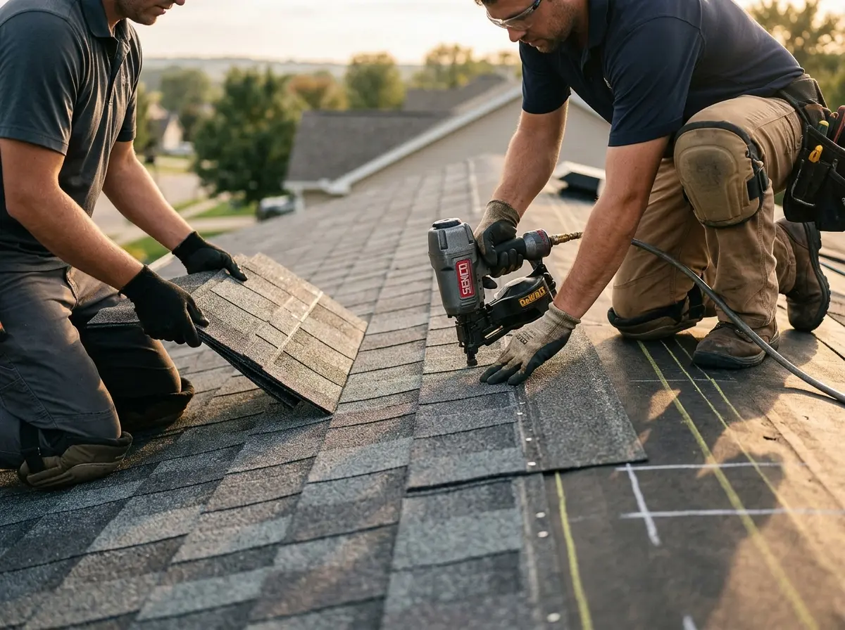 Professional roofer working on a residential roof in Rapid Valley